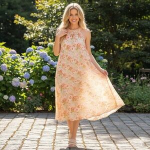 Gibson Latimer Pink Floral Halter Maxi Dress Viscose L